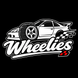 Wheelies logo with a white car, wheel and red racing checks on black